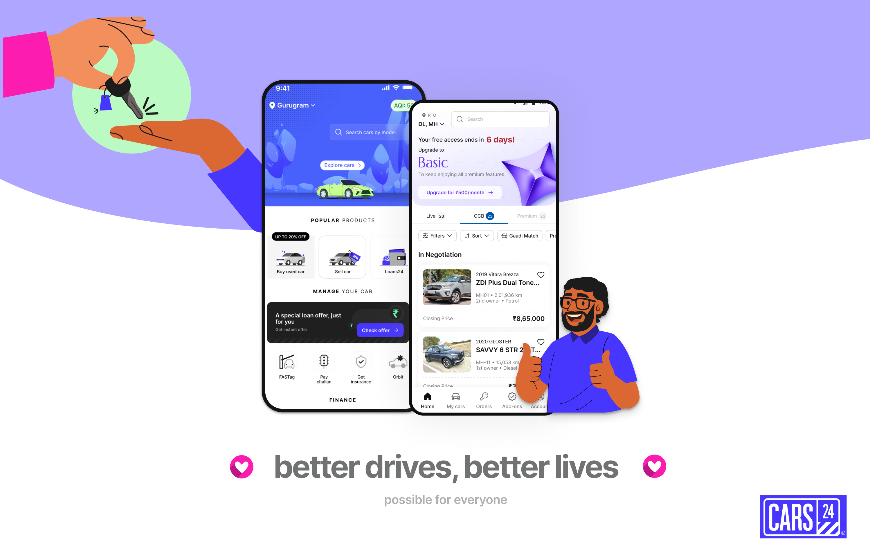 Cars24 mobile app screens and illustrations of a car-key handover